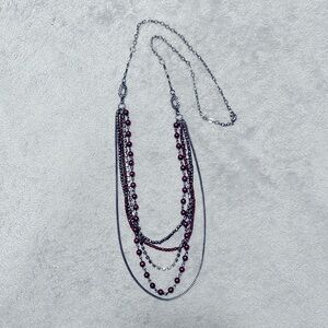 EXPRESS Long Multi-Chain Necklace in Gun Metal & Dark Red Beads